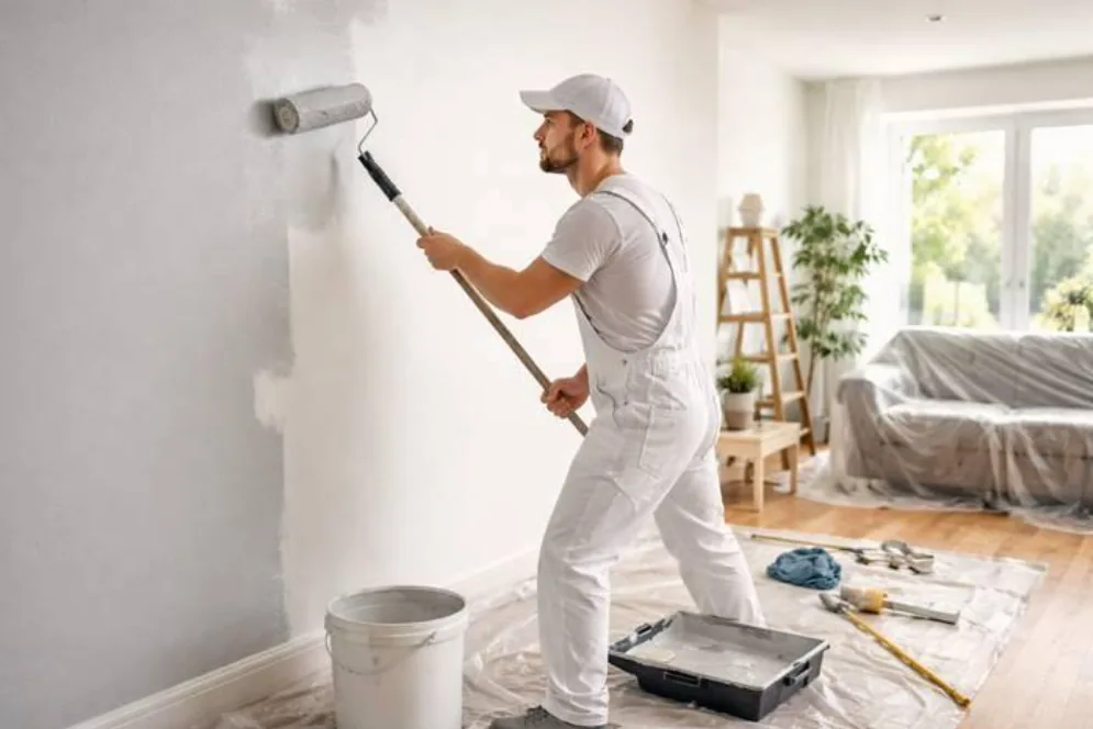 Illustration d’un peintre appliquant une couche de peinture sur un mur intérieur